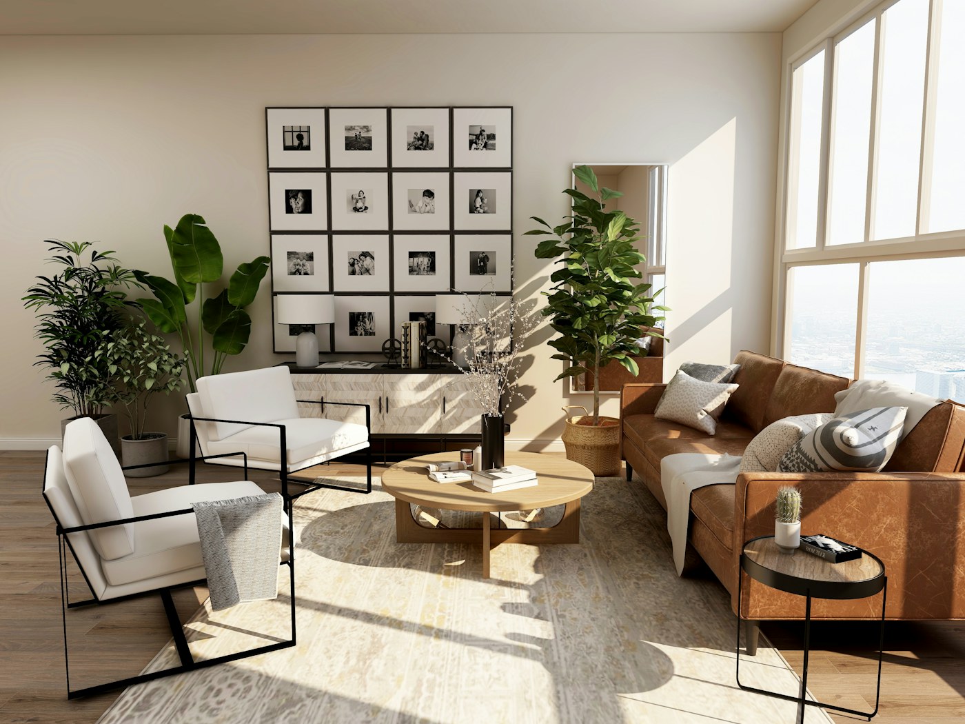 Phòng khách sáng với sofa, cây xanh và cửa sổ lớn